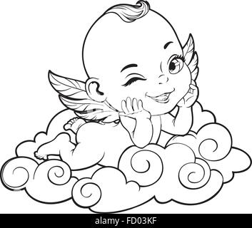 Happy Baby Cupid Laying on Cloud. Stock Vector