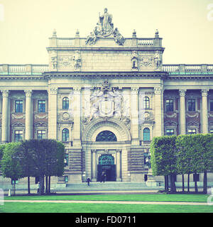 Front of Parliament building (Riksdag) in Stockholm, Sweden. Retro style filtred image Stock Photo