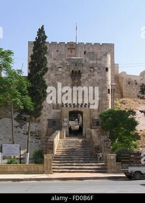 Main entrance to the Citadel June 15, 2006 in Aleppo, Syria. Most of the city has since been destroyed in the civil war. Stock Photo