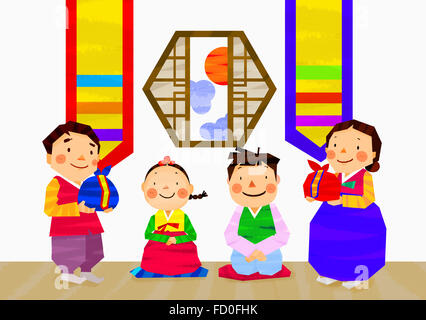 Background of Chuseok with family in traditional Korean costumes Stock Photo