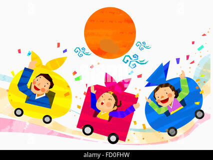 Father, daughter and mother in traditional Korean costumes riding present cars with smiles against full moon Stock Photo