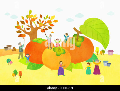 Fall with people in traditional Korean costumes picking ripe persimons Stock Photo