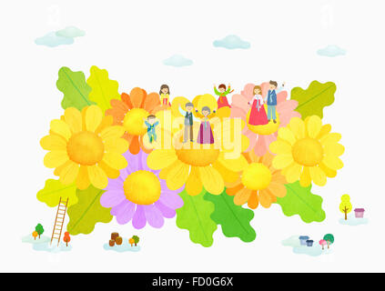 Fall with people in traditional Korean costumes with flowers Stock Photo