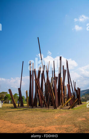 Chris Burden’s 'Beam Drop' sculpture, Inhotim botanical Garden and Contemporary art museum, Belo Horizonte, Minas Gerais, Brazil Stock Photo