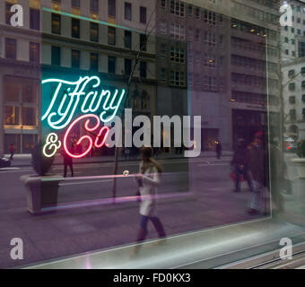 A window display at Tiffany & Co. in Midtown Manhattan in New York on Friday, January 22, 2016. Tiffany & Co. recently reported disappointing holiday sales citing a strong dollar and a reluctance of consumers to purchase luxury goods. (© Richard B. Levine) Stock Photo