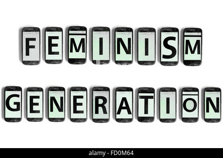 Feminism Generation on the screens of smartphones photographed against a white background. Stock Photo