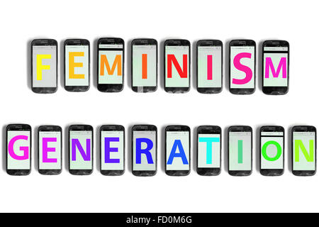 Feminist Generation on the screens of smartphones photographed against a white background. Stock Photo