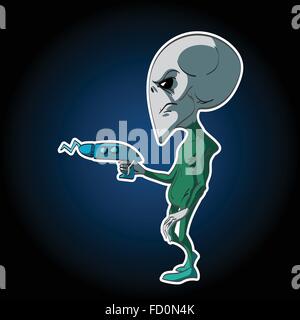 Colorful vector illustration of a cartoon Alien, holding a blaster. Stock Vector