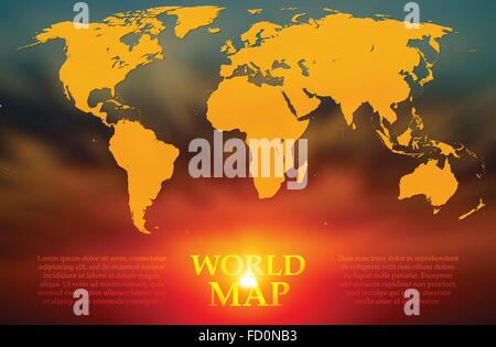 Silhouette of a world map on the background blurred image of sunrise. Vector Stock Vector