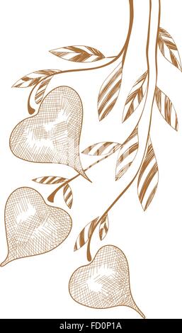 Hand drawing twig with hearts in outline vintage style on white background. Valentines day card. Stock Vector