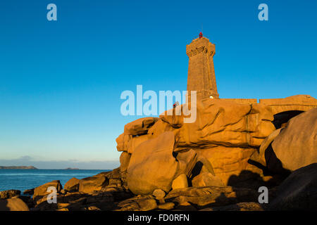 France,Brittany,Cotes d'Armor, the Men Ruz  lighthouse  at Ploumanach, commune of Perros Guirec Stock Photo