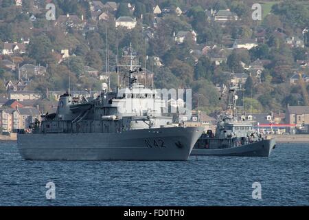 LNS Jotvingis (left) and ORP Flaming (right), sit anchored off Greenock Esplanade after arriving for Exercise Joint Warrior 142. Stock Photo