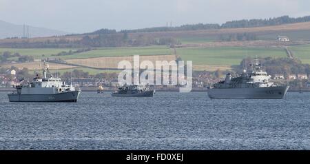 ENS Sakala,  ORP Flaming and LNS Jotvingis, at anchor off Greenock before participating in Exercise Joint Warrior 14-2. Stock Photo