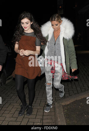 Katie Price leaves the New Woking Theatre with co-star Carla Nella having both appeared in a performance of the pantomime 'Sleeping Beauty'. When a photographer asked Katie if she had enjoyed her Christmas, he was blanked.  Featuring: Carla Nella, Katie P Stock Photo