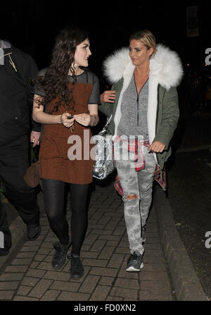 Katie Price leaves the New Woking Theatre with co-star Carla Nella having both appeared in a performance of the pantomime 'Sleeping Beauty'. When a photographer asked Katie if she had enjoyed her Christmas, he was blanked.  Featuring: Carla Nella, Katie P Stock Photo