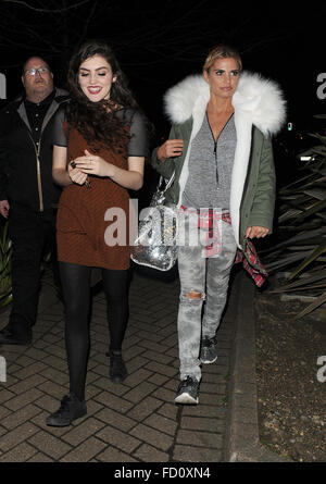 Katie Price leaves the New Woking Theatre with co-star Carla Nella having both appeared in a performance of the pantomime 'Sleeping Beauty'. When a photographer asked Katie if she had enjoyed her Christmas, he was blanked.  Featuring: Carla Nella, Katie P Stock Photo