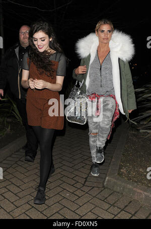 Katie Price leaves the New Woking Theatre with co-star Carla Nella having both appeared in a performance of the pantomime 'Sleeping Beauty'. When a photographer asked Katie if she had enjoyed her Christmas, he was blanked.  Featuring: Carla Nella, Katie P Stock Photo