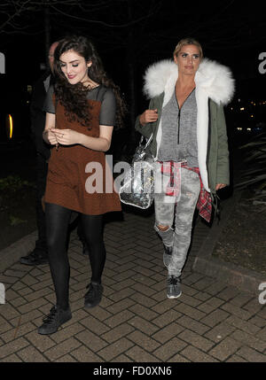 Katie Price leaves the New Woking Theatre with co-star Carla Nella having both appeared in a performance of the pantomime 'Sleeping Beauty'. When a photographer asked Katie if she had enjoyed her Christmas, he was blanked.  Featuring: Carla Nella, Katie P Stock Photo