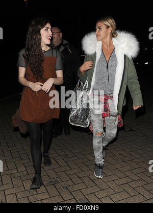 Katie Price leaves the New Woking Theatre with co-star Carla Nella having both appeared in a performance of the pantomime 'Sleeping Beauty'. When a photographer asked Katie if she had enjoyed her Christmas, he was blanked.  Featuring: Carla Nella, Katie P Stock Photo