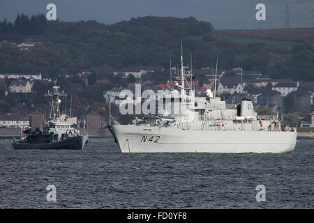 ORP Flaming (left) and LNS Jotvingis (right), sit anchored off Greenock Esplanade after arriving for Exercise Joint Warrior 142. Stock Photo