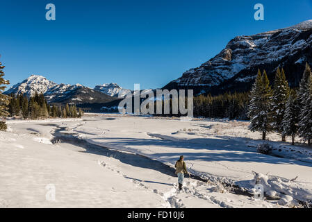 A tourist standing in deep snow near a creek. Yellowstone National Park, Wyoming, USA. Stock Photo