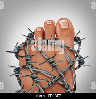 Foot pain podiatry medical concept as a symbol for painful inflammation or toe injury as a group of sharp barb wire wrapped around the human feet anatomy. Stock Photo