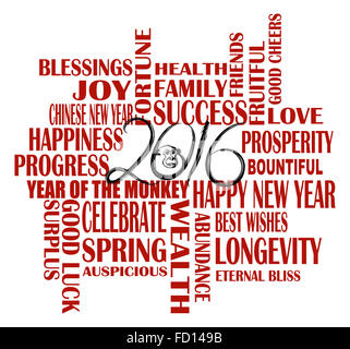 2016 Chinese Lunar New Year English Greetings Text Wishing Health Good Fortune Prosperity Happiness in the Year of the Monkey on Stock Photo