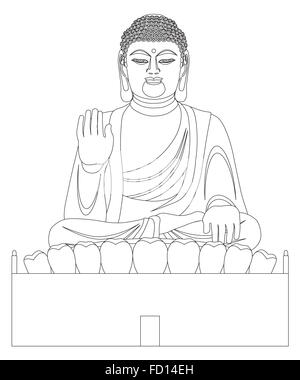 Big Asian Buddha Sitting on Lotus Pad Statue Front Facing Black and White Line Art Illustration Stock Photo