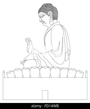 Big Asian Buddha Sitting on Lotus Pad Statue Black and White Line Art Illustration Stock Photo