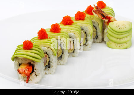 Maki Sushi with Salmon, red and black caviar. Selective focus Stock Photo