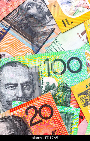 Assorted Australian currency - comprised of fifty ($50), twenty ($20) and one hundred ($100) notes. Stock Photo