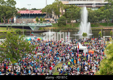 Adelaide, Australia - January 26, 2016: Australia Day celebration in Elder Park with lots of people of different nationalities. Stock Photo