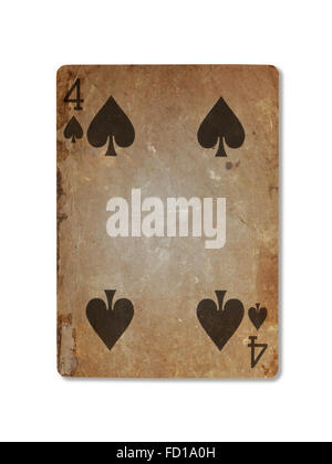 Very old playing card isolated on a white background, four of spades Stock Photo