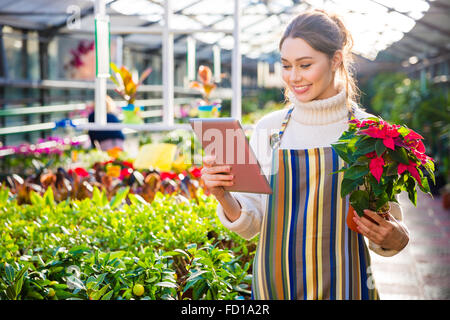 Beautiful cheerful woman gardener in apron using tablet and holding plant in pot with colorful leaves in garden center Stock Photo