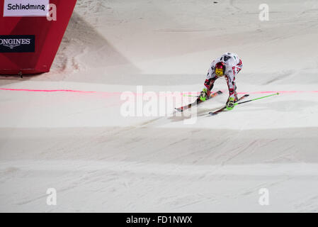 Schladming, Austria. 26th Jan, 2016. Marcel Hirscher from Austria crossing finish line at the Nightrace Slalom in Schladming. © Rok Rakun/Pacific Press/Alamy Live News Stock Photo