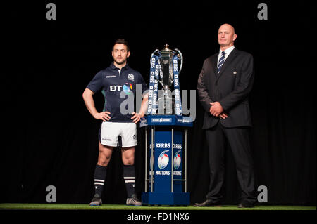 Hurlingham Club, London, UK. 27th January, 2016. Scotland captain Greg Laidlaw with coach Vern Cotter. The RBS 6 Nations rugby tournament is launched to the press in the west London club, with team captains presented to the assembled media. Credit:  sportsimages/Alamy Live News Stock Photo
