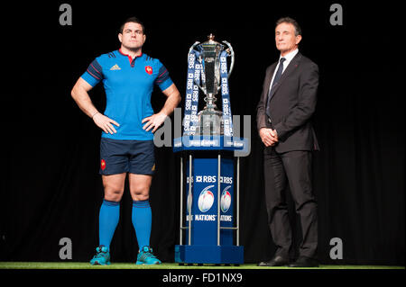 Hurlingham Club, London, UK. 27th January, 2016. France captain Guilhem Guirado with coach Guy Noves. The RBS 6 Nations rugby tournament is launched to the press in the west London club, with team captains presented to the assembled media. Credit:  sportsimages/Alamy Live News Stock Photo
