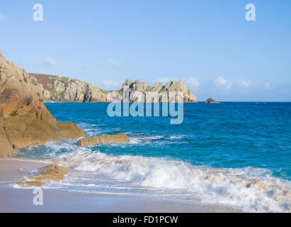 Porthcurno Beach & Horrace Headland & Logan Rock Beyond, Cornwall, England, UK in Summer Stock Photo