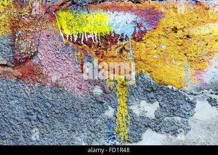 Abstract background concrete painted yellow and purple paint, weathered with cracks and scratches. Landscape style. Stock Photo