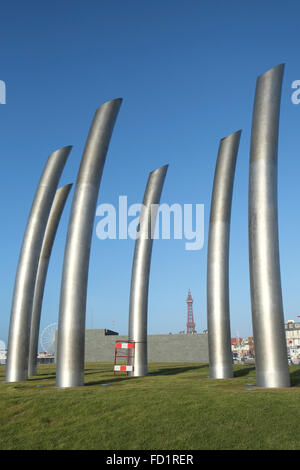 Manchester Square Pumping Station vents on Blackpool promenade with the Tower in the background Stock Photo