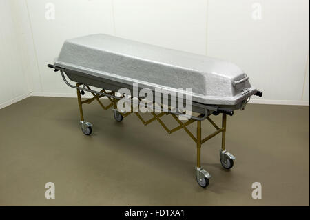 A coffin to transport a dead body in a morgue Stock Photo