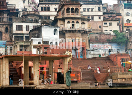 A view of part of the Ghats on the River Ganges in Varanasi (formerly called Benares) Stock Photo