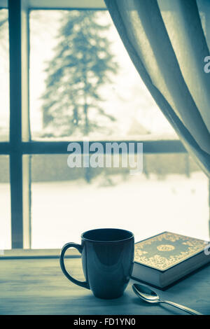 Cozy winter morning at snowy day. Aesthetic windowsill. Atmospheric warm  home with books, gingerbread cookies, marshmallow, cup of coffee background  Stock Photo - Alamy