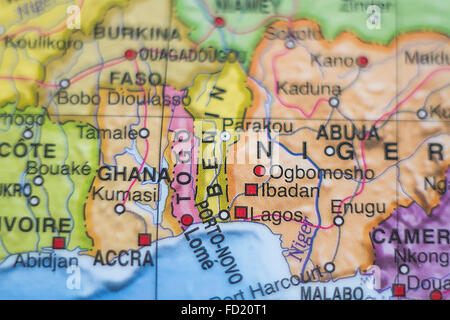 Photo of a map of Benin and the capital Porto-novo . Stock Photo