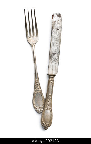 old vintage knife and fork on white background Stock Photo