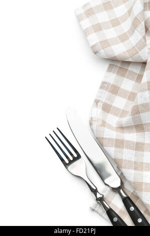 knife, fork and checkerd napkin on white background Stock Photo