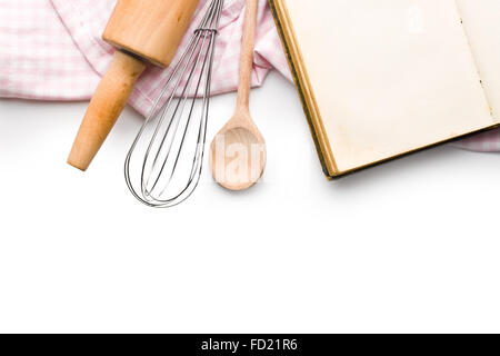 recipe book and kitchen utensils on white background Stock Photo