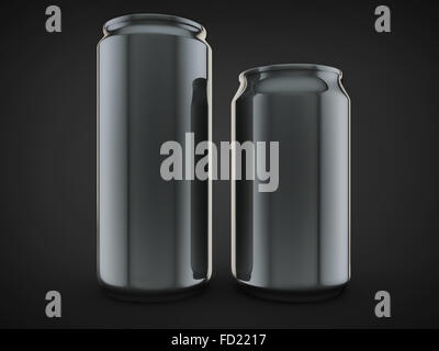 pair alluminium soda can front view empty design isolated black background. Stock Photo