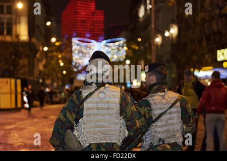 BRUSSELS, BELGIUM-DECEMBER 13, 2015: Belgian police prepares to protect defile of Christmas parade in center of Brussels Stock Photo