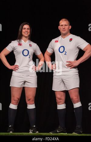 Hurlingham Club, London, UK. 27th January, 2016. England captains Sarah Hunter and Dylan Hartley. The RBS 6 Nations rugby tournament is launched to the press in the west London club, with team captains presented to the assembled media. Credit:  sportsimages/Alamy Live News Stock Photo